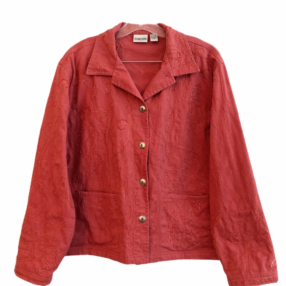 Southwestern Coral Beaded Denim Jacket 12
